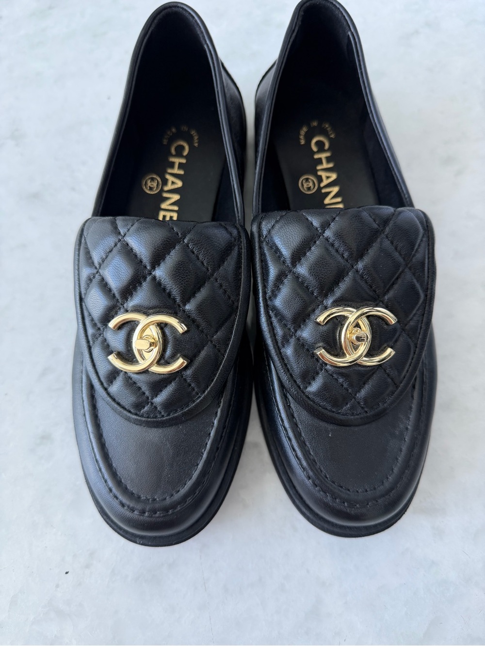 CHANEL Black Leather Slip-On Loafers with Gold Logo Insole box included